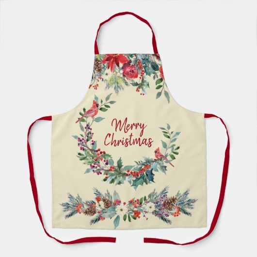 Vrolijk Kerstfeest bloemenbordeauxrode dennengroen Schort (Voorkant)