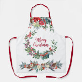 Vrolijk Kerstfeest bloemenbordeauxrood dennengroen Schort (Voorkant)
