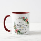 Vrolijk Kerstfeest Bloemenkrans en Script Maroon Mok (Links)