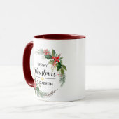 Vrolijk Kerstfeest Bloemenkrans en Script Maroon Mok (Voorkant links)