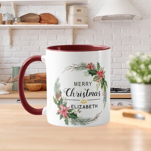 Vrolijk Kerstfeest Bloemenkrans en Script Maroon Mok