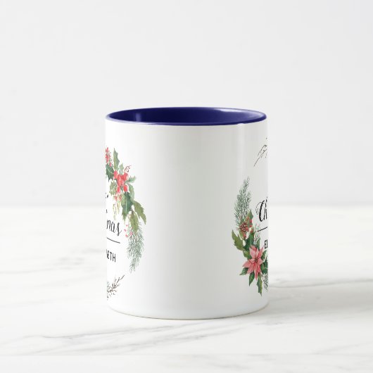 Vrolijk Kerstfeest Bloemenkrans en Script Navy Blu Mok (Midden)