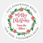 Vrolijk Kerstfeest Bloemenkrans Uw retouradres Ronde Sticker (Voorkant)