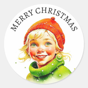 vrolijk kerstfeest    blond klein meisje ronde sticker