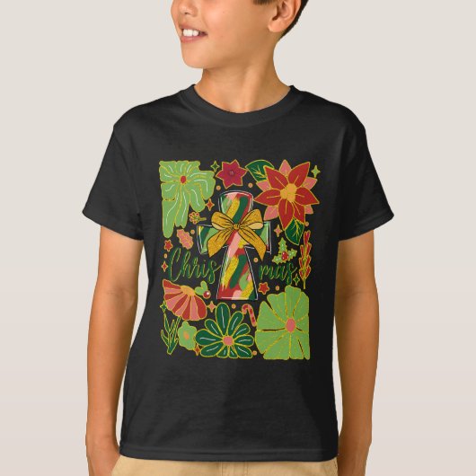 Vrolijk Kerstfeest Boho Bloemen Kruis Christelijke T-shirt (Voorkant)