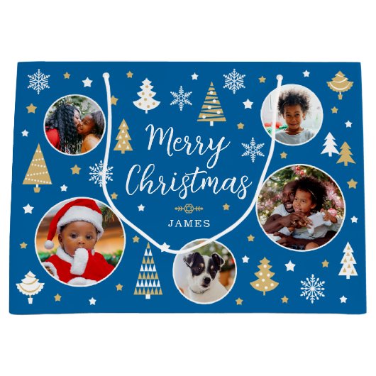 Vrolijk kerstfeest bomen Fotonaam blauw Groot Cadeauzakje (Voorkant)