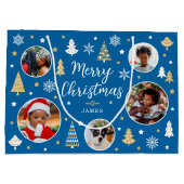 Vrolijk kerstfeest bomen Fotonaam blauw Groot Cadeauzakje (Achterkant)