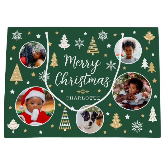 Vrolijk kerstfeest bomen Fotonaam groen Groot Cadeauzakje (Voorkant)