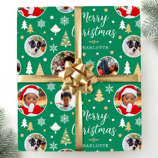 Vrolijk Kerstfeest Bomen Fotonaam Mid Green Cadeaupapier