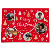 Vrolijk kerstfeest bomen Fotonaam rood Groot Cadeauzakje (Voorkant)