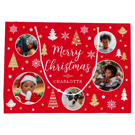 Vrolijk kerstfeest bomen Fotonaam rood Groot Cadeauzakje (Achterkant)