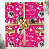 Vrolijk kerstfeest bomen Fotonaam roze Cadeaupapier