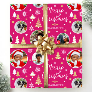 Vrolijk kerstfeest bomen Fotonaam roze Cadeaupapier