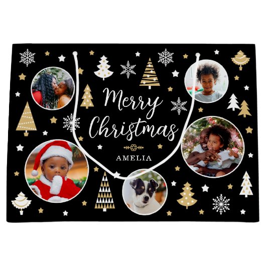 Vrolijk Kerstfeest Bomen Fotonaam Zwart Groot Cadeauzakje (Voorkant)