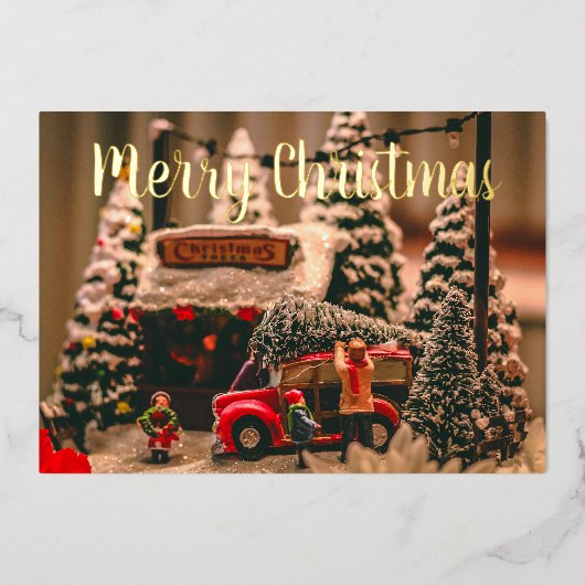 Vrolijk Kerstfeest  Boomwinkel Rode Truck Folie Feestdagenkaart (Voorkant)