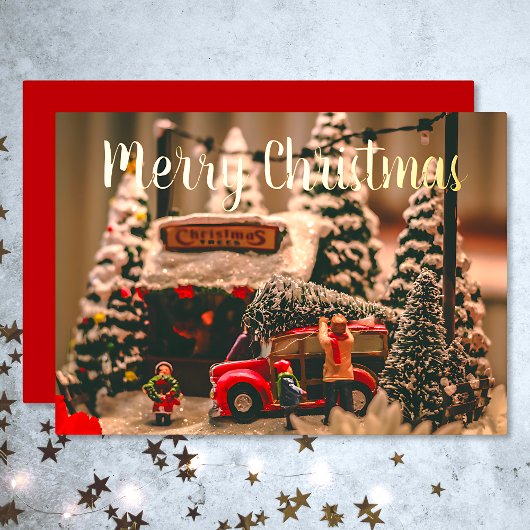 Vrolijk Kerstfeest  Boomwinkel Rode Truck Folie Feestdagenkaart