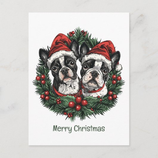 Vrolijk kerstfeest Boston Terrier Dogs Holiday Wre Briefkaart (Voorkant)