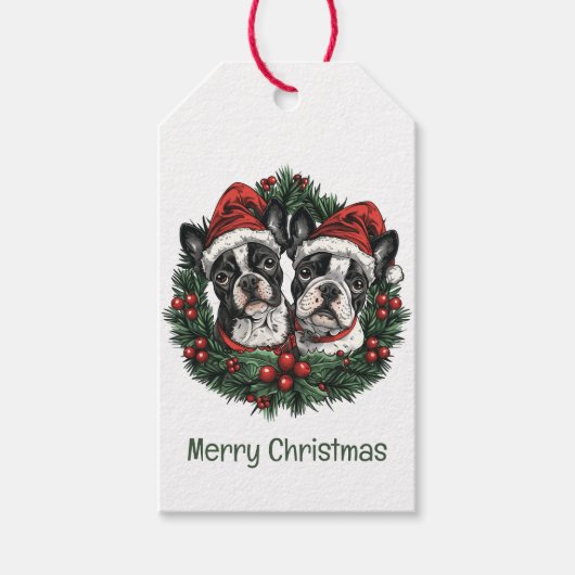Vrolijk kerstfeest Boston Terrier Dogs Holiday Wre Cadeaulabel (Voorkant)