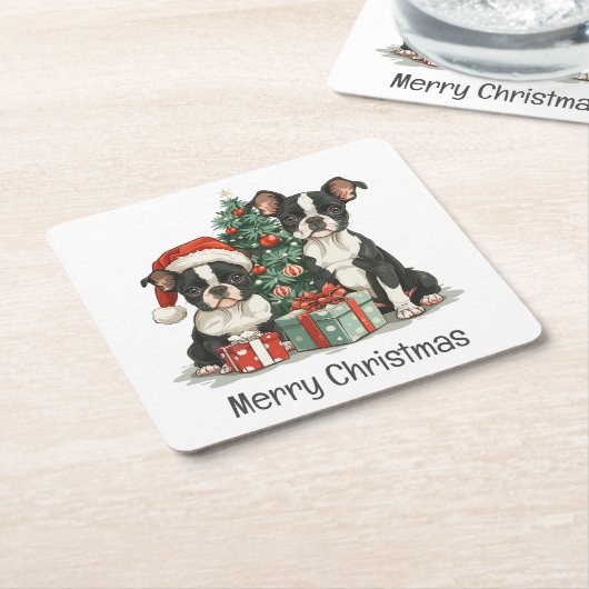 Vrolijk kerstfeest Boston Terrier Honden Kartonnen Onderzetters (Schuin)