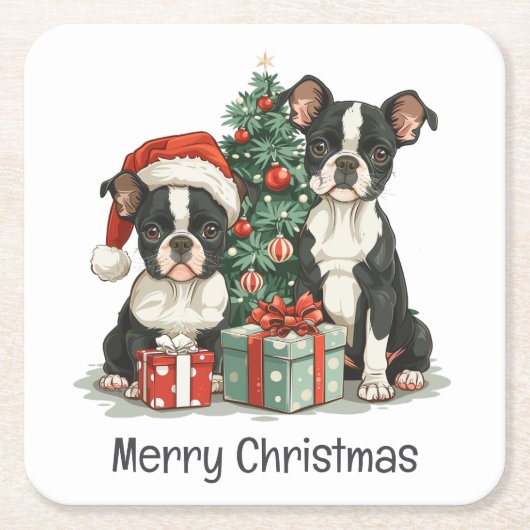 Vrolijk kerstfeest Boston Terrier Honden Kartonnen Onderzetters (Voorkant)