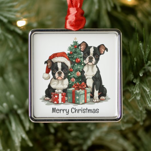 Vrolijk kerstfeest Boston Terrier Honden Metalen Ornament (Boom)