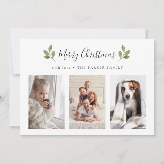 vrolijk kerstfeest | Botanische drie foto minimali Feestdagenkaart (Voorkant)