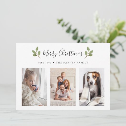 vrolijk kerstfeest | Botanische drie foto minimali Feestdagenkaart (Staand voorkant)