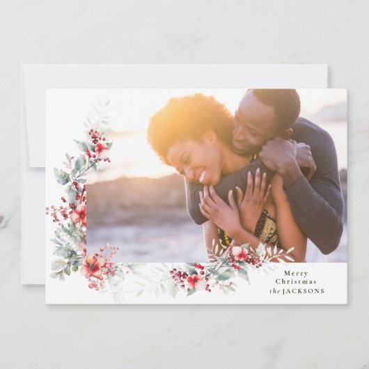 Vrolijk Kerstfeest Botanische Krans Foto Feestdagenkaart (Voorkant)