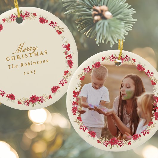 Vrolijk Kerstfeest Botanische krans Fotovakantie Keramisch Ornament