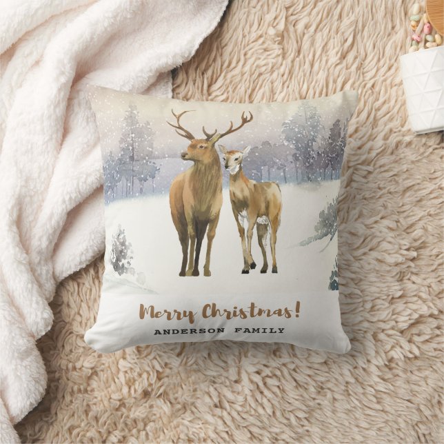 Vrolijk Kerstfeest Buck en Doe Herten Winter Scene Kussen (Deken)