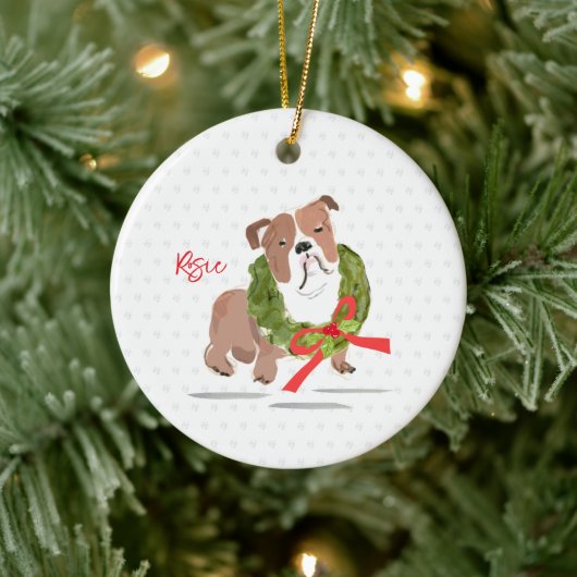 Vrolijk Kerstfeest Bulldog NAAM Holly Jaar Hond Keramisch Ornament (Boom)