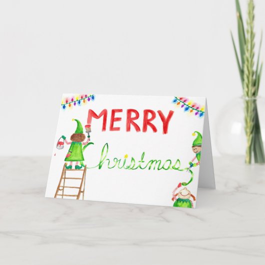 "Vrolijk kerstfeest" Busy Elves Art Waterverf Kaar Kaart (Voorkant)