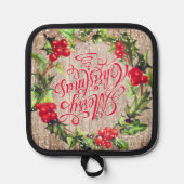 Vrolijk Kerstfeest Calgrafie Holly Krans Rood Groe Pannenlap (Voorkant)