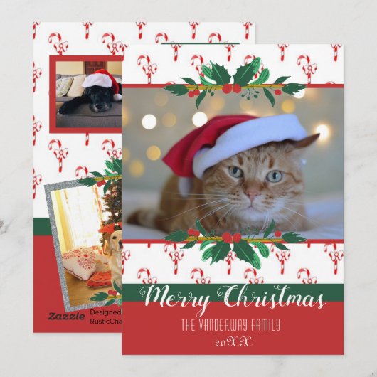 Vrolijk Kerstfeest Candy Cane Bows Foto Vakantie K Feestdagenkaart (Voorkant / Achterkant)