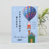 Vrolijk Kerstfeest Cartoon Santa in Hete Luchtball Feestdagenkaart (Staand voorkant)