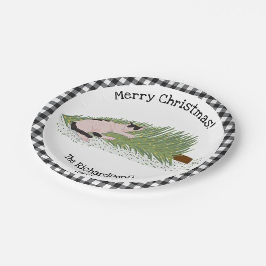 vrolijk kerstfeest! Cat vs Tree Black & White Ging Papieren Bordje (Gekanteld)