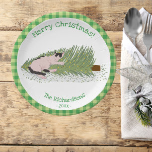 vrolijk kerstfeest! Cat vs Tree Green Gingham Papieren Bordje