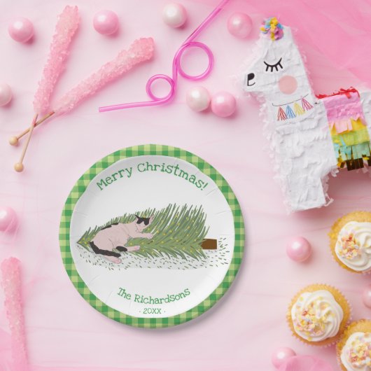 vrolijk kerstfeest! Cat vs Tree Green Gingham Papieren Bordje (Feest)