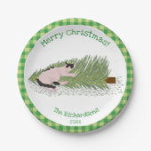 vrolijk kerstfeest! Cat vs Tree Green Gingham Papieren Bordje (Voorkant)