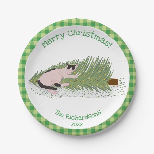 vrolijk kerstfeest! Cat vs Tree Green Gingham Papieren Bordje (Voorkant)