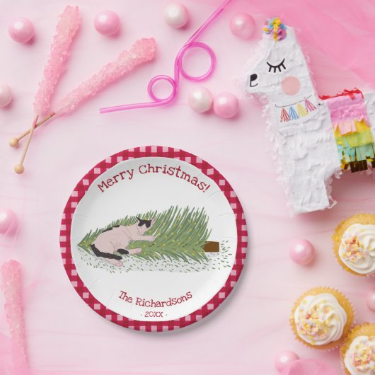vrolijk kerstfeest! Cat vs Tree Red Gingham Papieren Bordje (Feest)