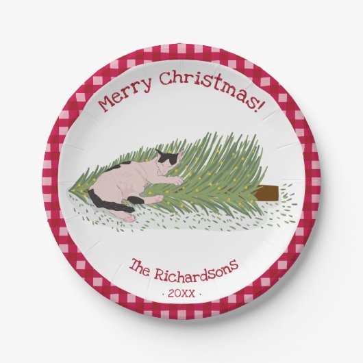 vrolijk kerstfeest! Cat vs Tree Red Gingham Papieren Bordje (Voorkant)