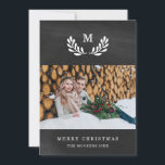 Vrolijk kerstfeest | Chalkboard Kijk met foto Feestdagenkaart<br><div class="desc">Deze superslanke vakantiekaart is voorzien van twee van uw persoonlijke foto's,  met een witte laurel rond uw monogram op een zwarte achtergrond.</div>