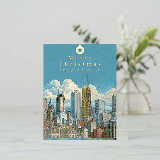 Vrolijk Kerstfeest Chicago Skyline Folie Post Kaar Folie Feestdagen Briefkaart (Staand Voorkant)