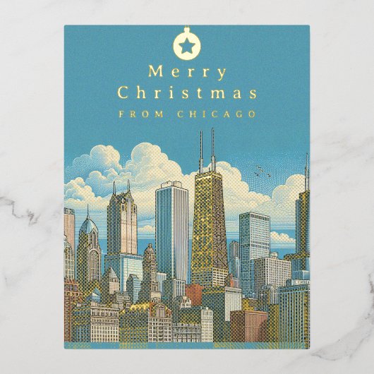 Vrolijk Kerstfeest Chicago Skyline Folie Post Kaar Folie Feestdagen Briefkaart (Voorkant)