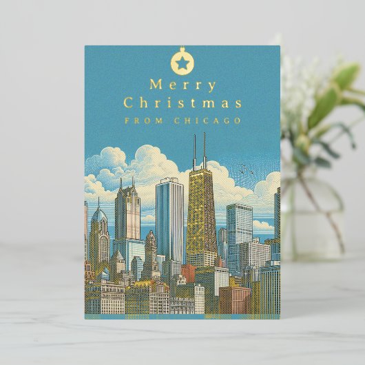 Vrolijk Kerstfeest Chicago Skyline Holiday Folie K Folie Feestdagenkaart (Staand Voorkant)