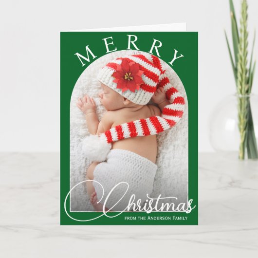 Vrolijk Kerstfeest Classic Groen & Wit Familiefoto Feestdagen Kaart (Voorkant)