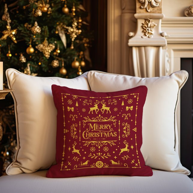 Vrolijk Kerstfeest Classic Nordic Red Holiday Kussen (Merry Christmas Classic Nordic Red Holiday Throw Pillow)