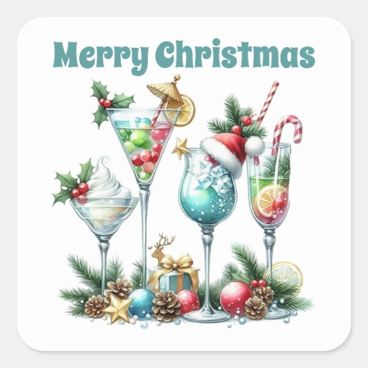 Vrolijk Kerstfeest Cocktail Holiday Vierkante Sticker (Voorkant)