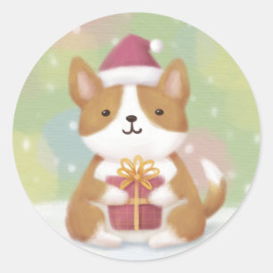 Vrolijk Kerstfeest: Corgi Illustratie Kunst Ronde Sticker